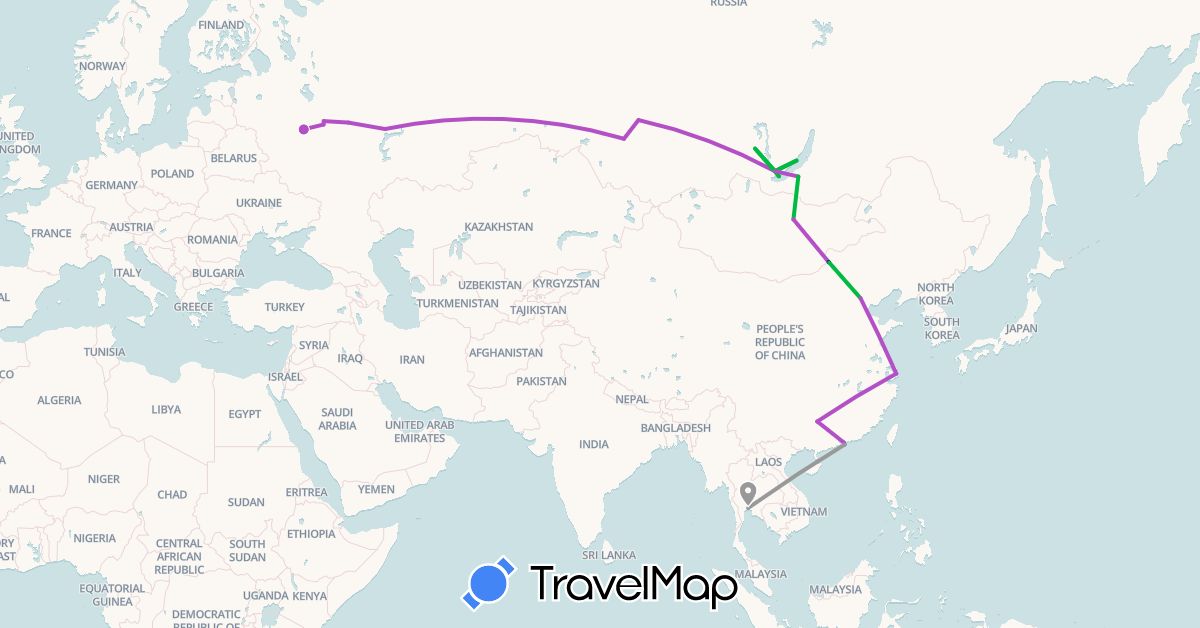 TravelMap itinerary: driving, bus, plane, train in China, Hong Kong, Mongolia, Russia, Thailand (Asia, Europe)